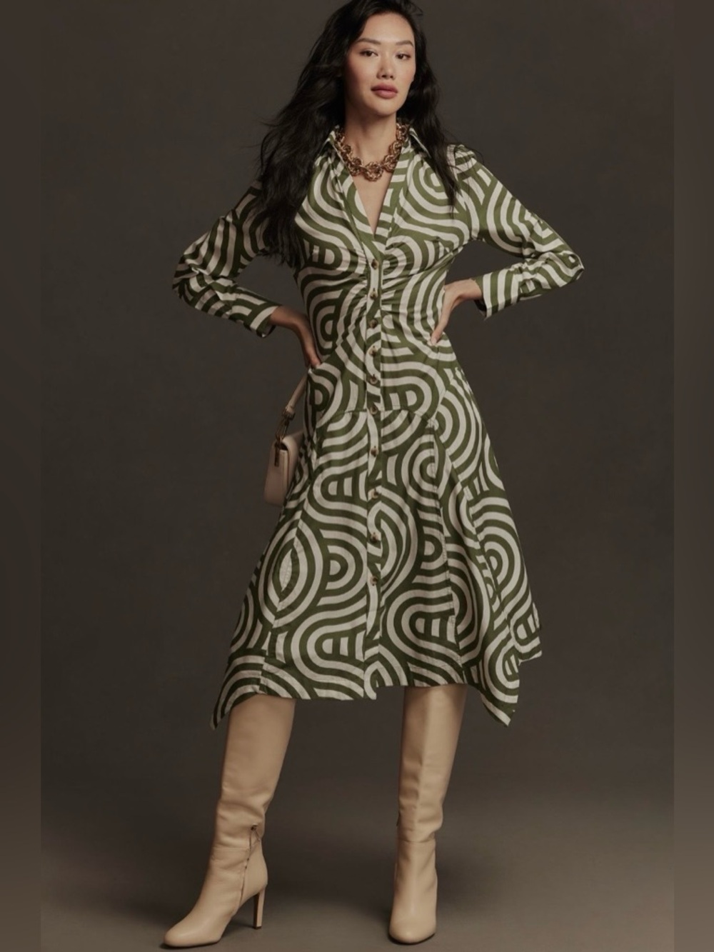 Anthropologie Poplin Shirt Dress NWT size 2 Green Abstract Button Front Midi